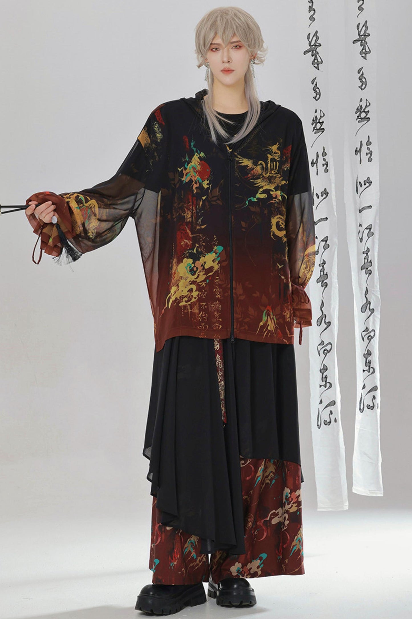 Gold Dragon Embroidered Choker Top (with Cups) + Chinese-Style Wide-Leg Pants