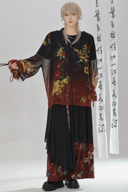 Gold Dragon Embroidered Choker Top (with Cups) + Chinese-Style Wide-Leg Pants