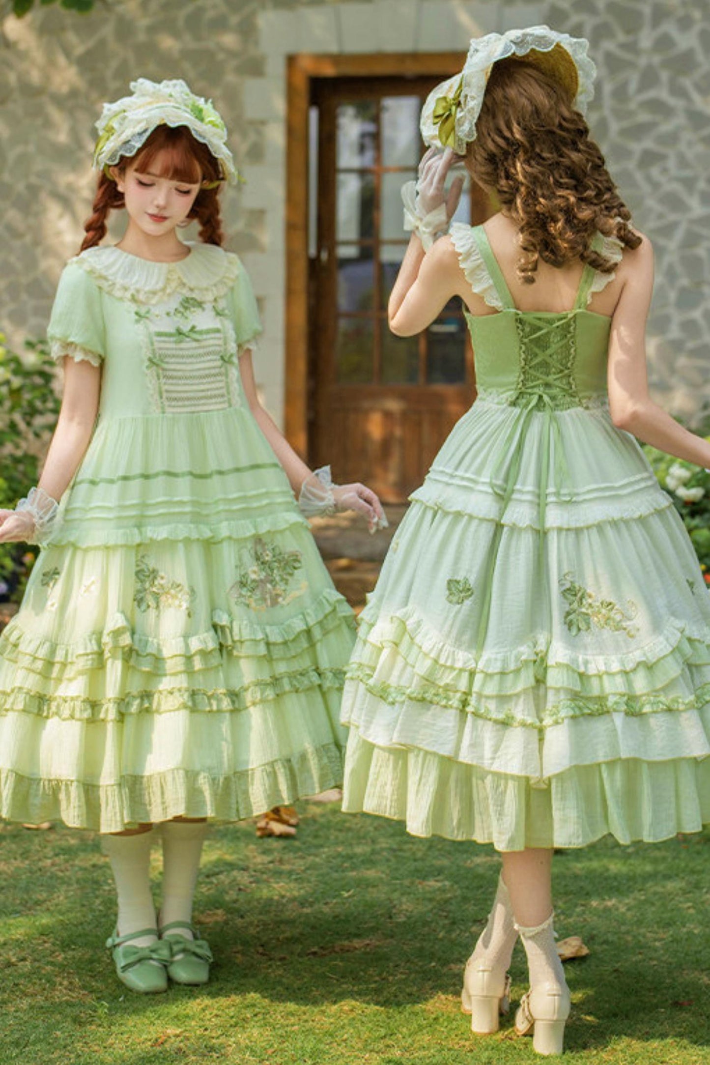 Green Embroidered Lolita One-Piece Dress + Cardigan + Hat + Belt + Accessories