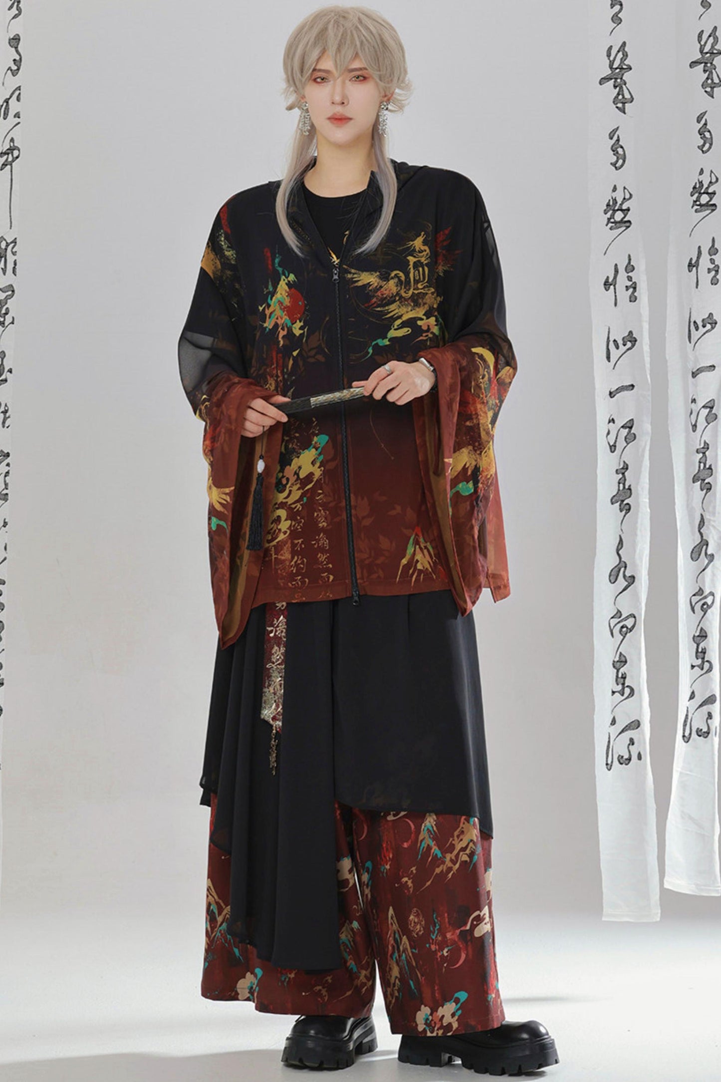 Gold Dragon Embroidered Choker Top (with Cups) + Chinese-Style Wide-Leg Pants