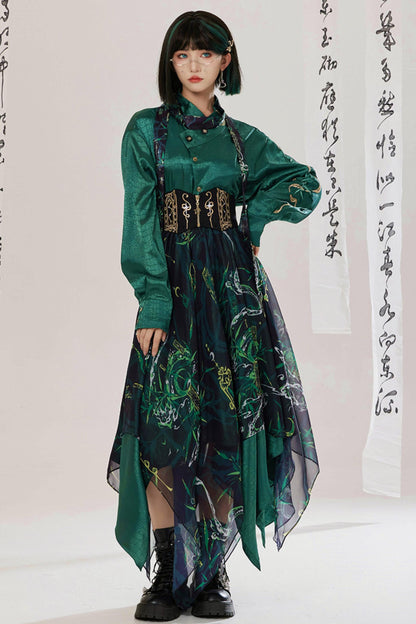 Jade Moon Dragon Embroidered Chinese Shirt + Moon Pocket Pants