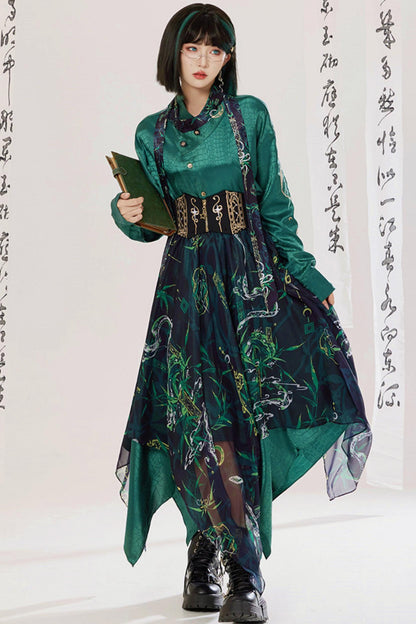 Jade Moon Dragon Embroidered Chinese Shirt + Moon Pocket Pants