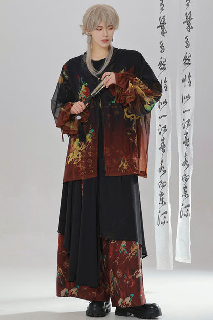 Gold Dragon Embroidered Choker Top (with Cups) + Chinese-Style Wide-Leg Pants