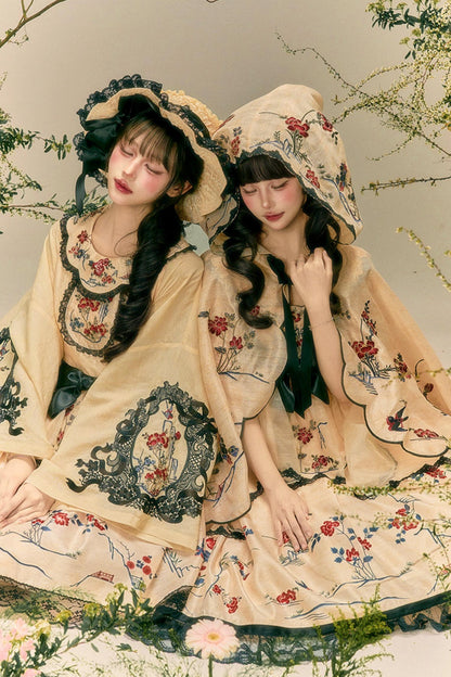 Blumen- und Vogeldruck-Kleid + Oberteil + Jacke + Hut