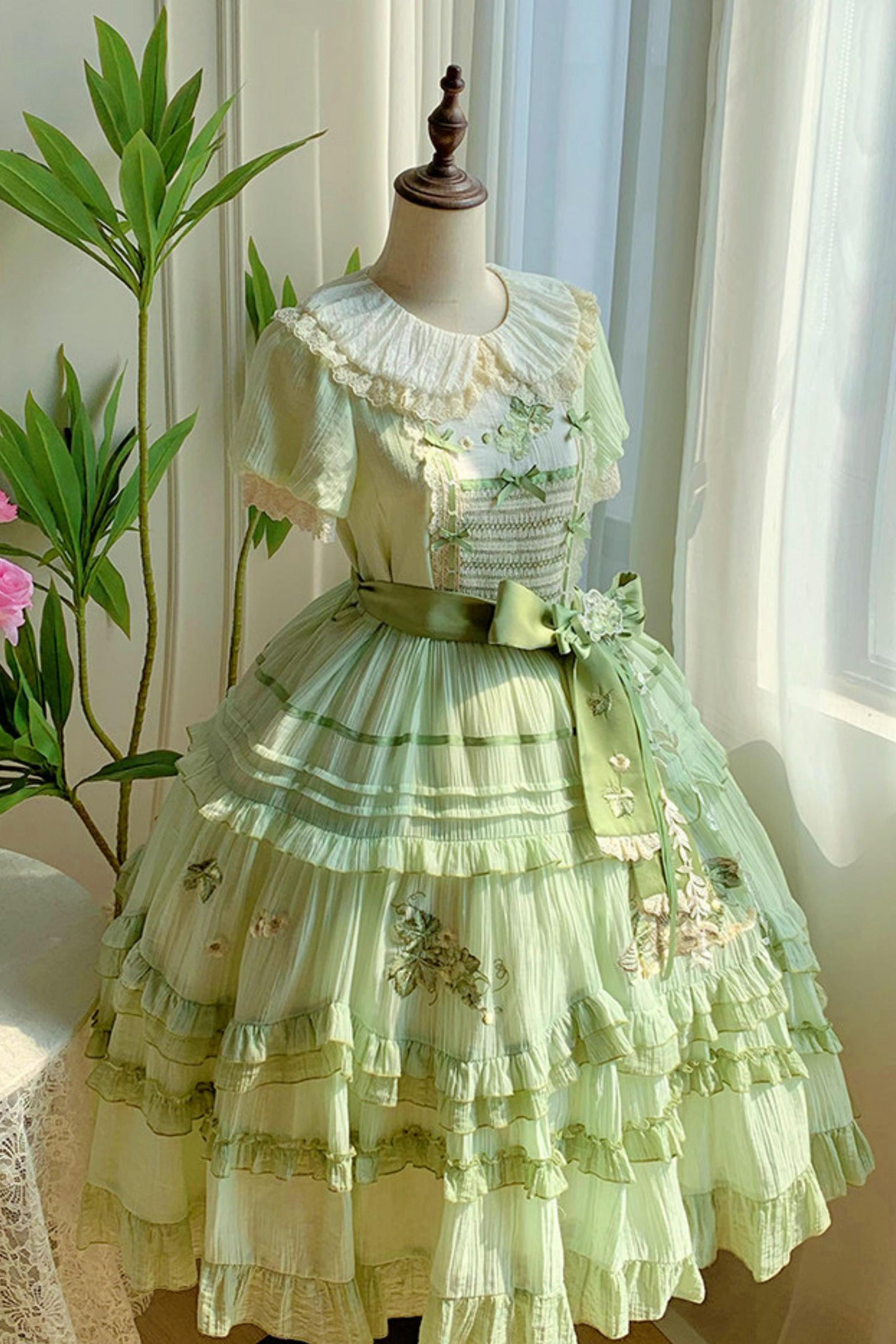 Green Embroidered Lolita One-Piece Dress + Cardigan + Hat + Belt + Accessories