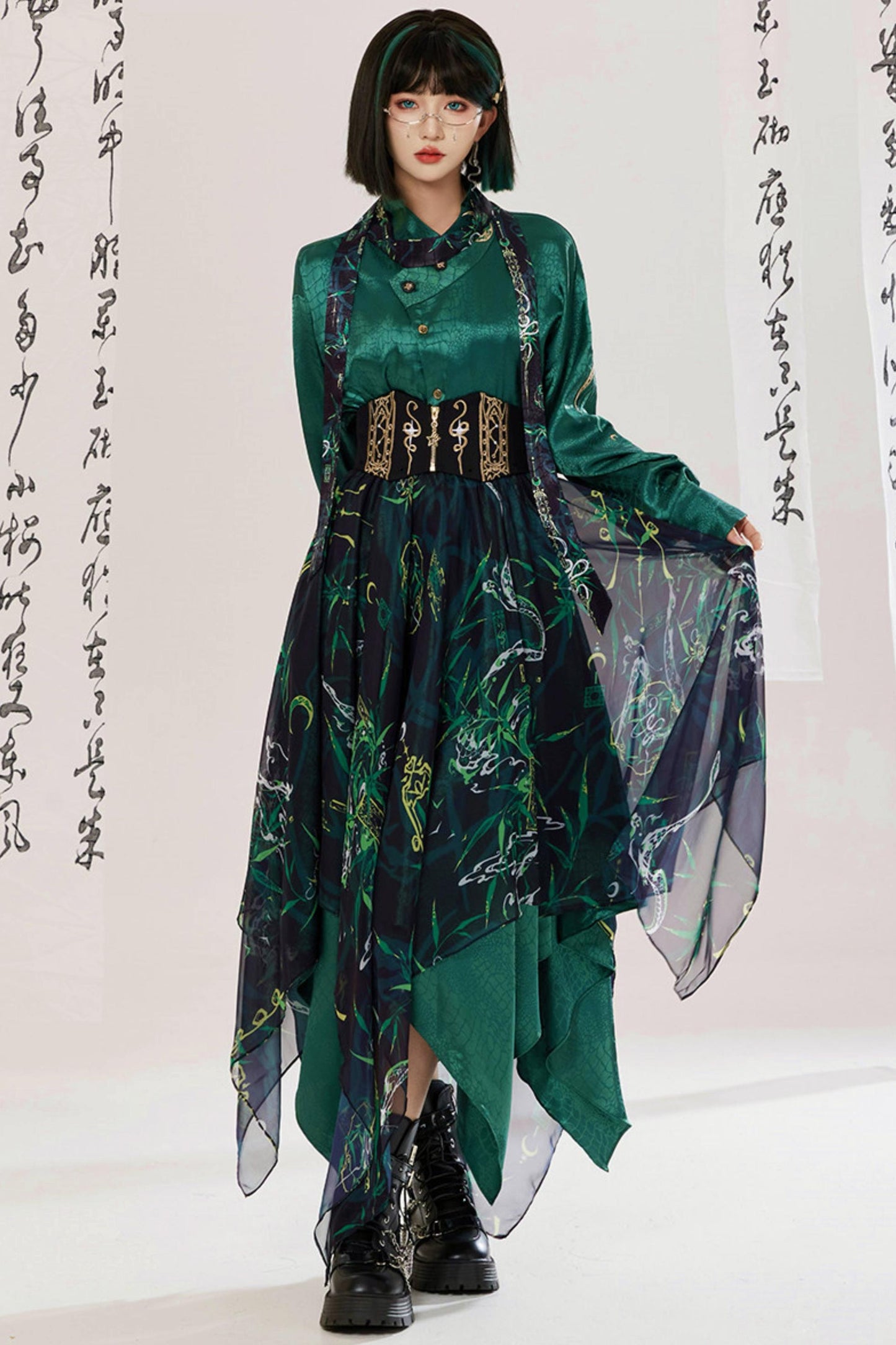 Jade Moon Dragon Embroidered Chinese Shirt + Moon Pocket Pants