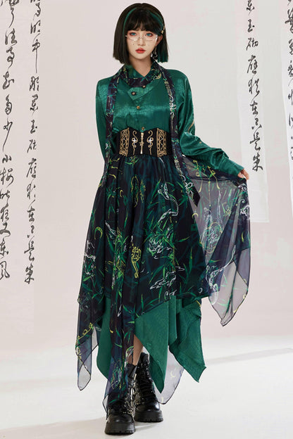 Jade Moon Dragon Embroidered Chinese Shirt + Moon Pocket Pants