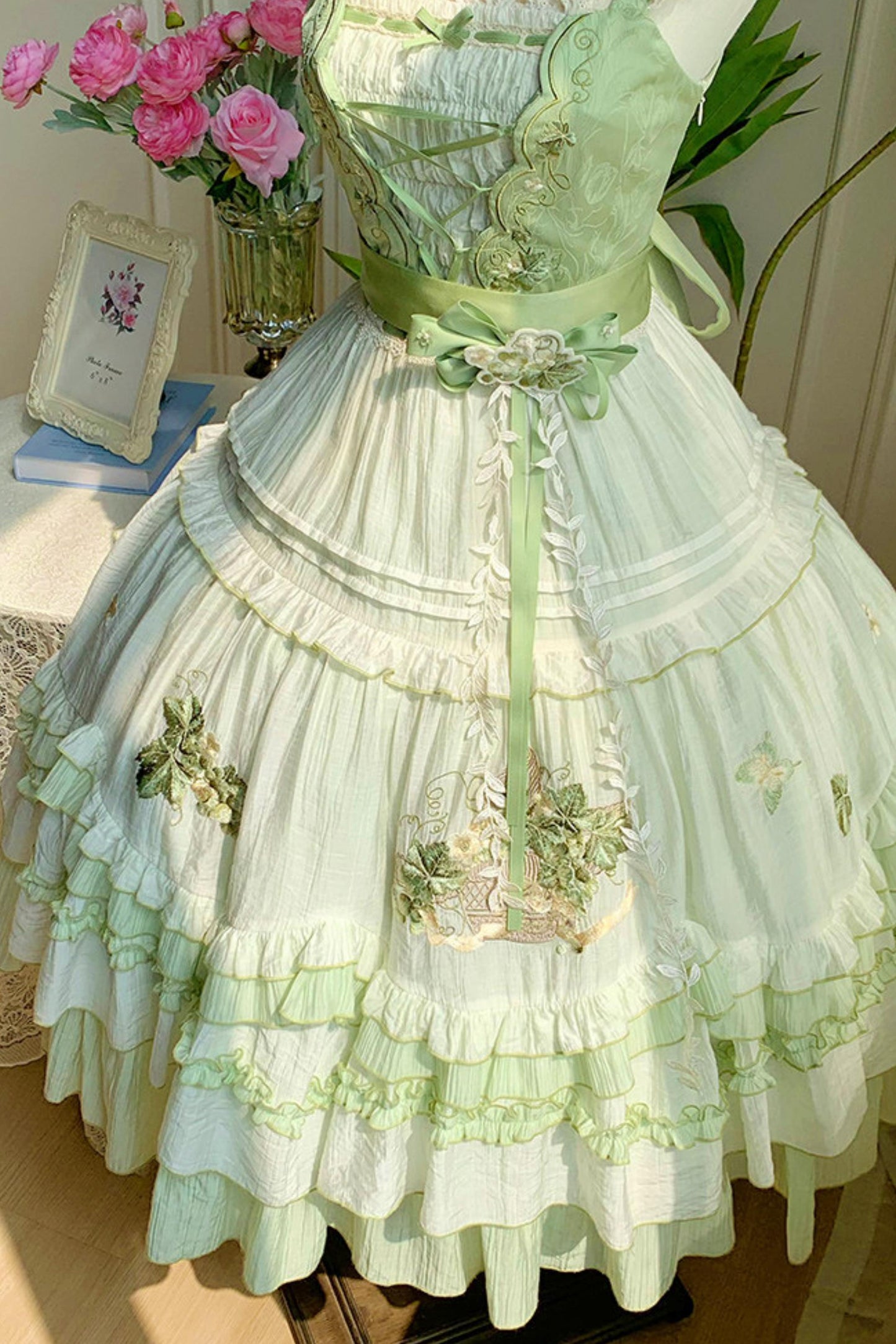 Green Embroidered Lolita One-Piece Dress + Cardigan + Hat + Belt + Accessories