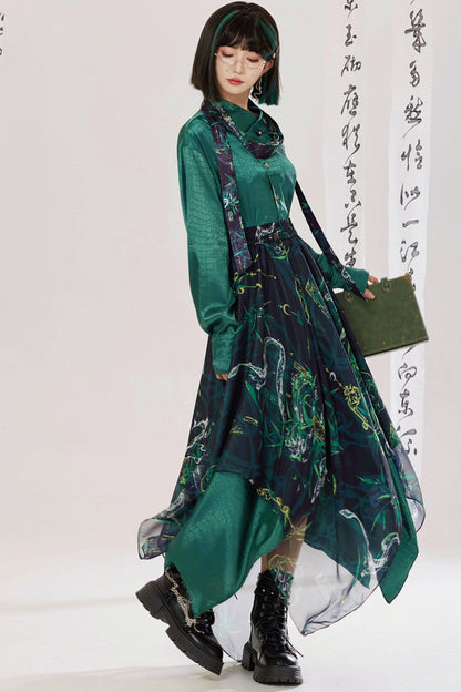 Jade Moon Dragon Embroidered Chinese Shirt + Moon Pocket Pants