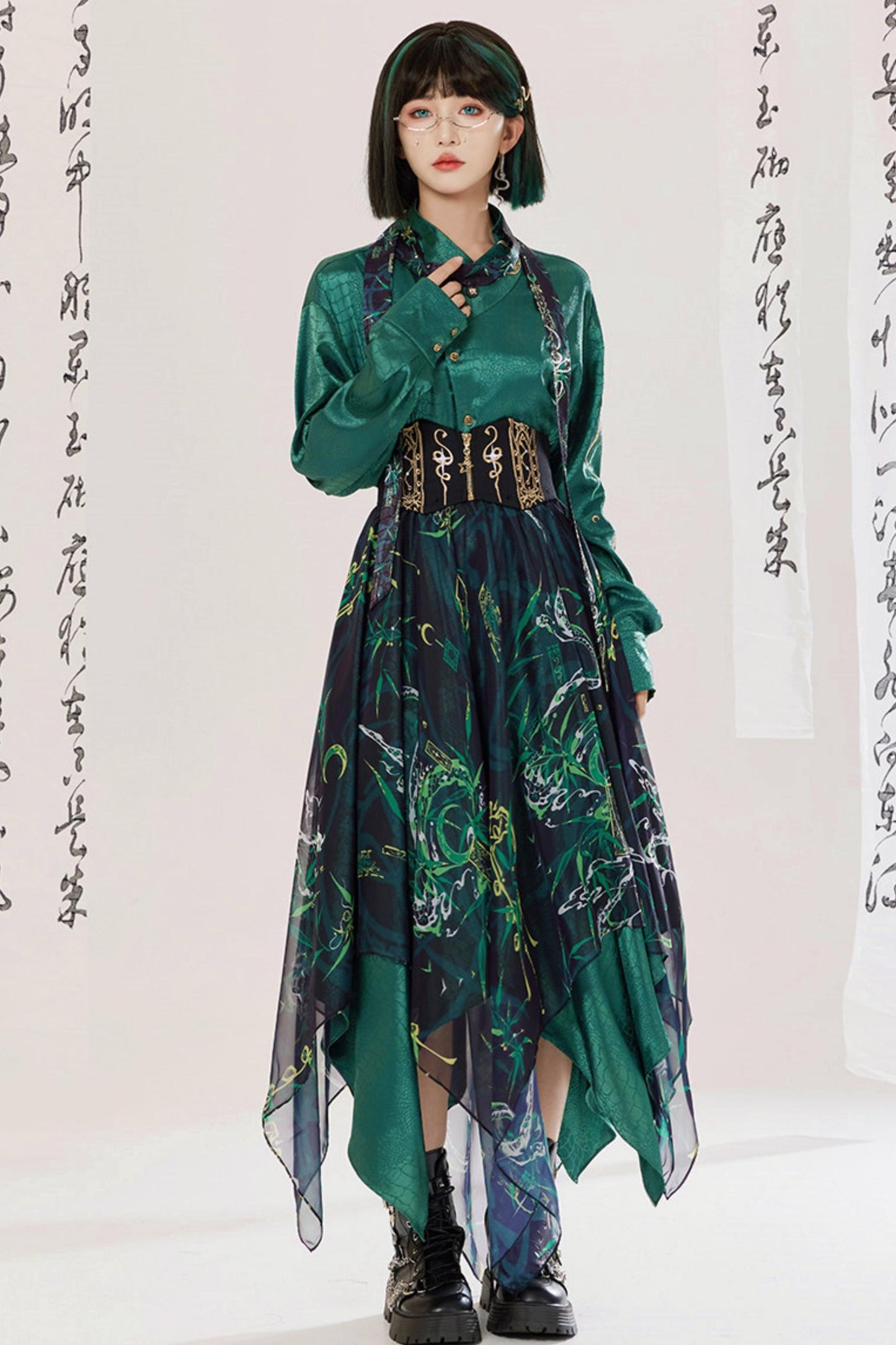 Jade Moon Dragon Embroidered Chinese Shirt + Moon Pocket Pants