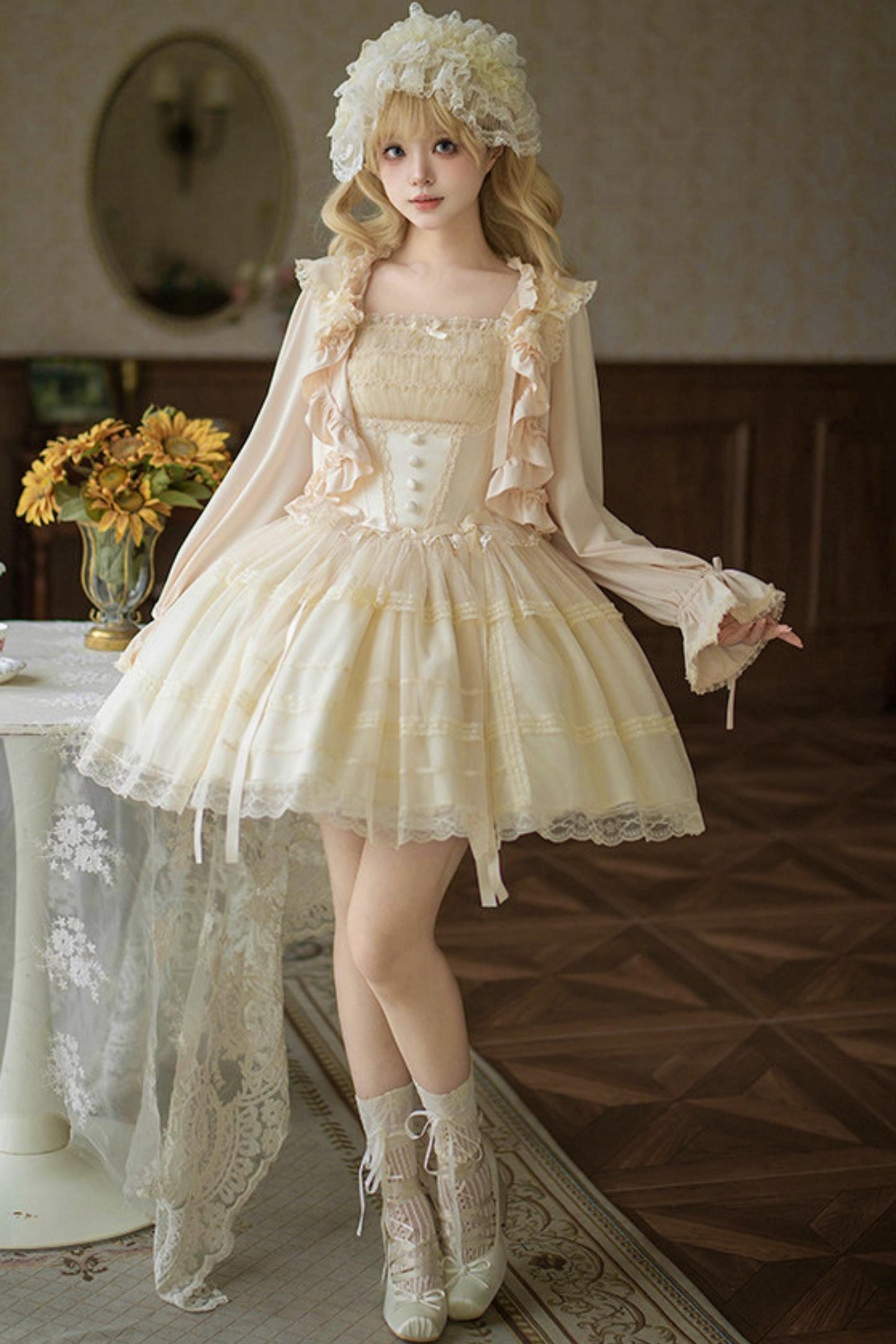 Weißes Korsett-Prinzessin-Lolita-Kleid + Outerwear + Accessoires