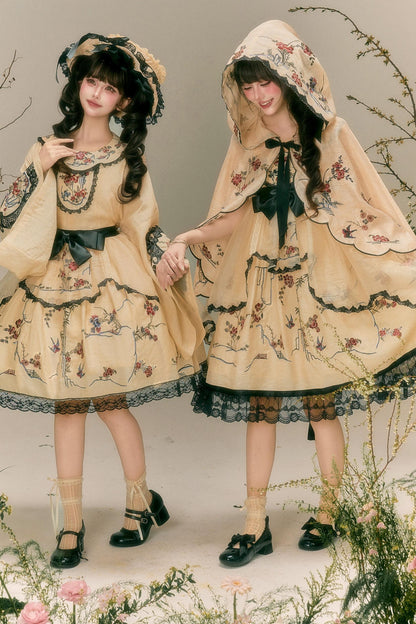 Blumen- und Vogeldruck-Kleid + Oberteil + Jacke + Hut