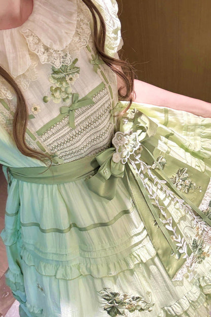 Green Embroidered Lolita One-Piece Dress + Cardigan + Hat + Belt + Accessories