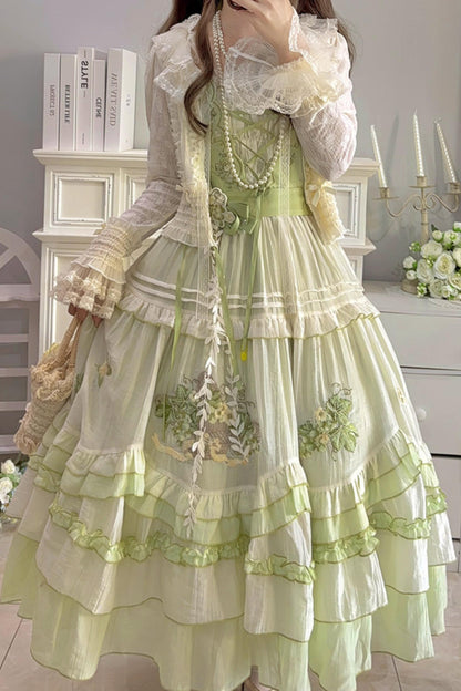 Green Embroidered Lolita One-Piece Dress + Cardigan + Hat + Belt + Accessories