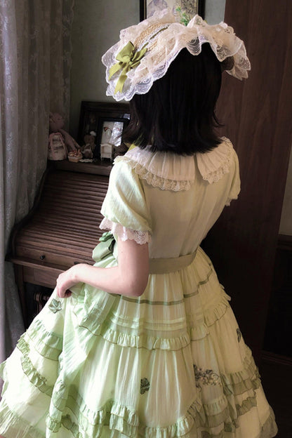 Green Embroidered Lolita One-Piece Dress + Cardigan + Hat + Belt + Accessories