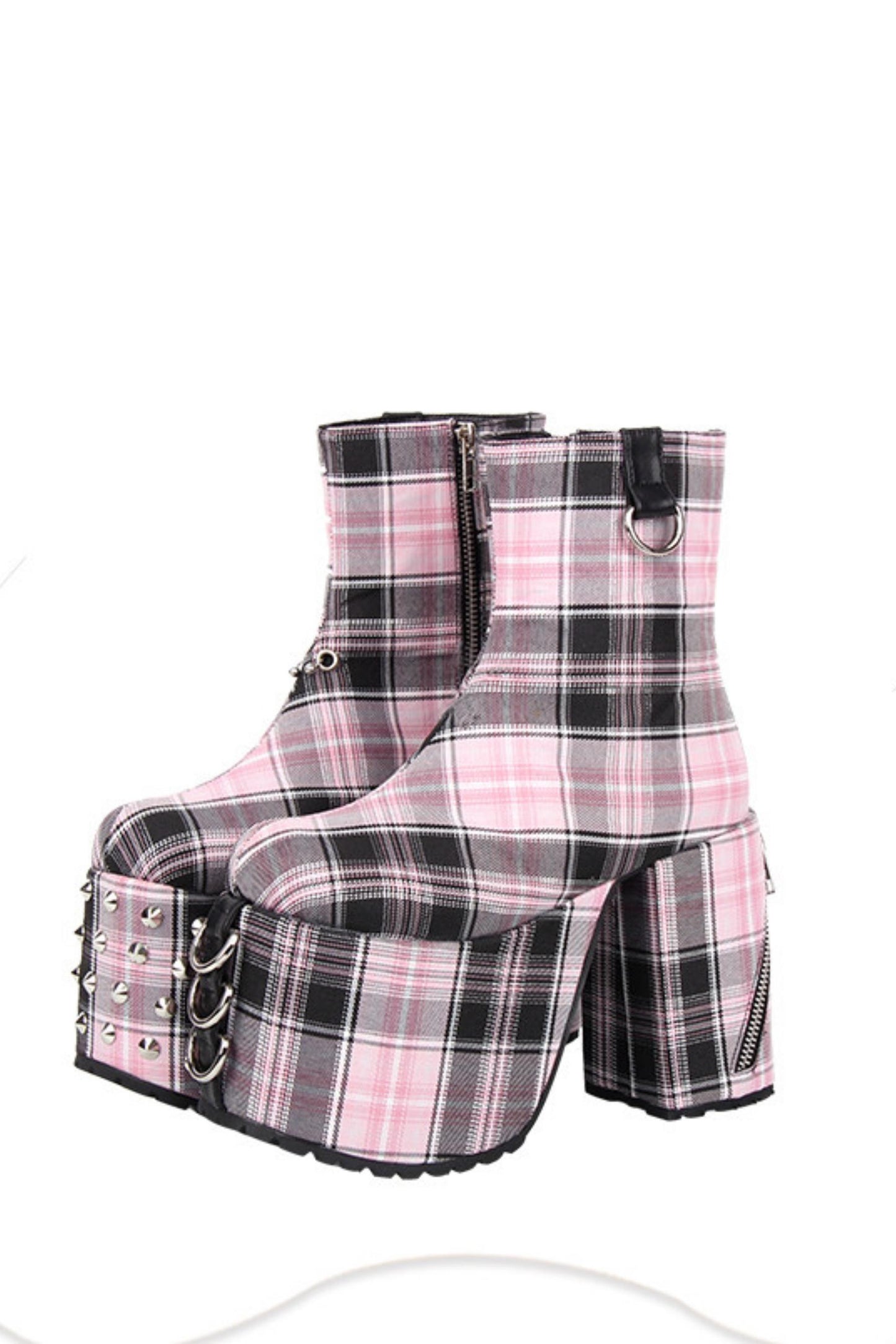 Karierte Stoffstiefel mit Blockabsatz
