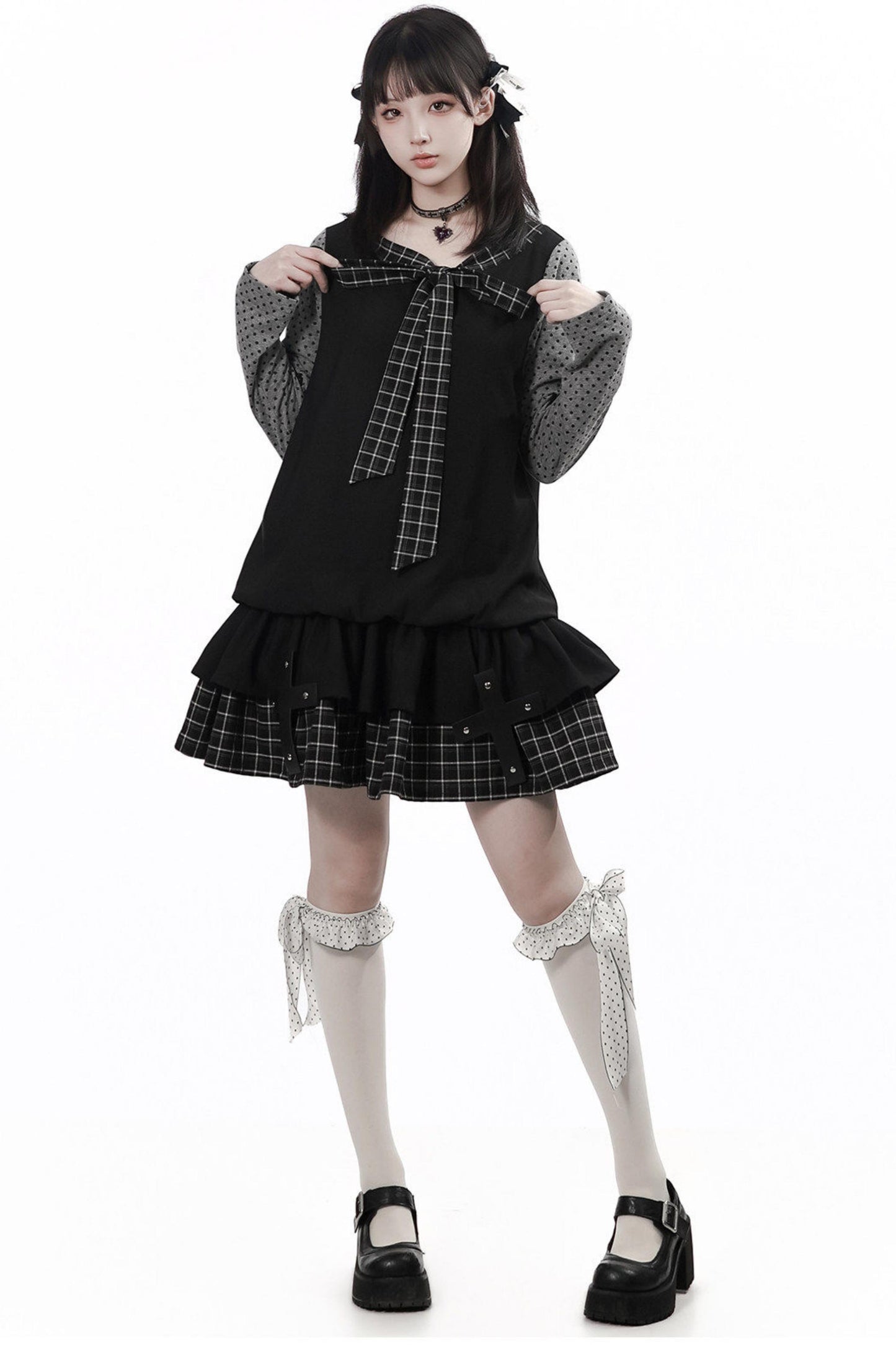 サブカルポルカドットドレス+トップス+スカート
