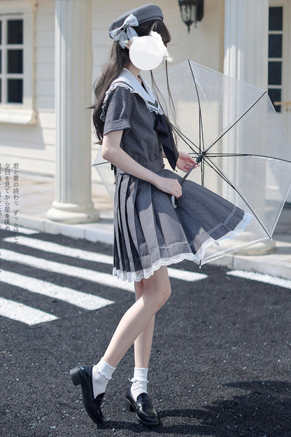 Black Chocolate Polka Dot Sailor Blouse + Skirt
