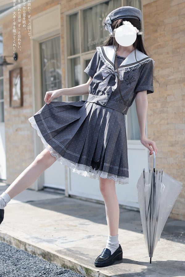 Black Chocolate Polka Dot Sailor Blouse + Skirt