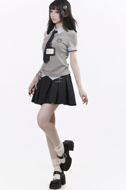 Asymmetrical School Uniform Set with Tie