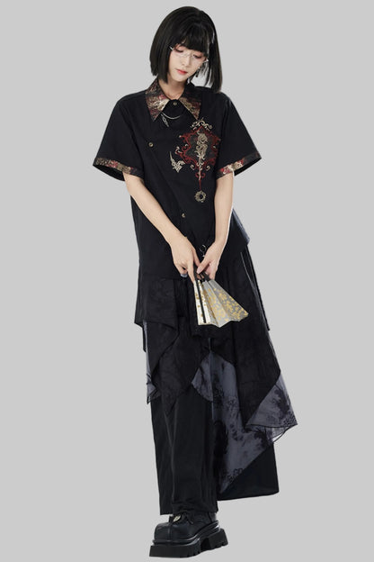 Embroidered Cotton Linen Patchwork Shirt+Pants