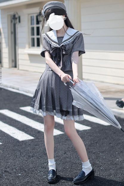 Black Chocolate Polka Dot Sailor Blouse + Skirt