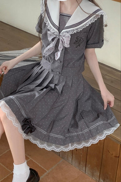 Black Chocolate Polka Dot Sailor Blouse + Skirt