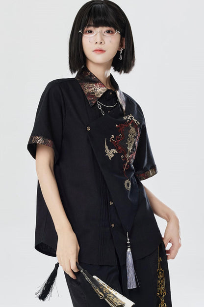 Embroidered Cotton Linen Patchwork Shirt+Pants