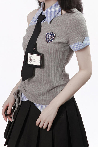 Asymmetrical School Uniform Set with Tie