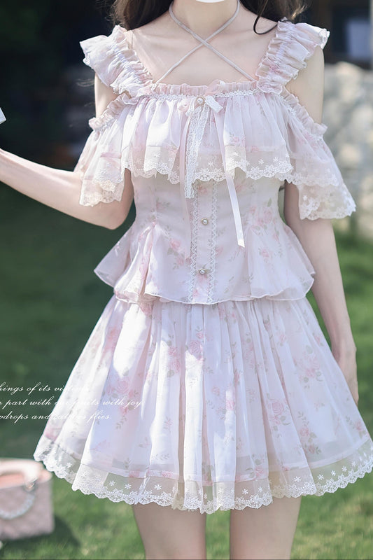 Spring Floral Chiffon Top + Skirt
