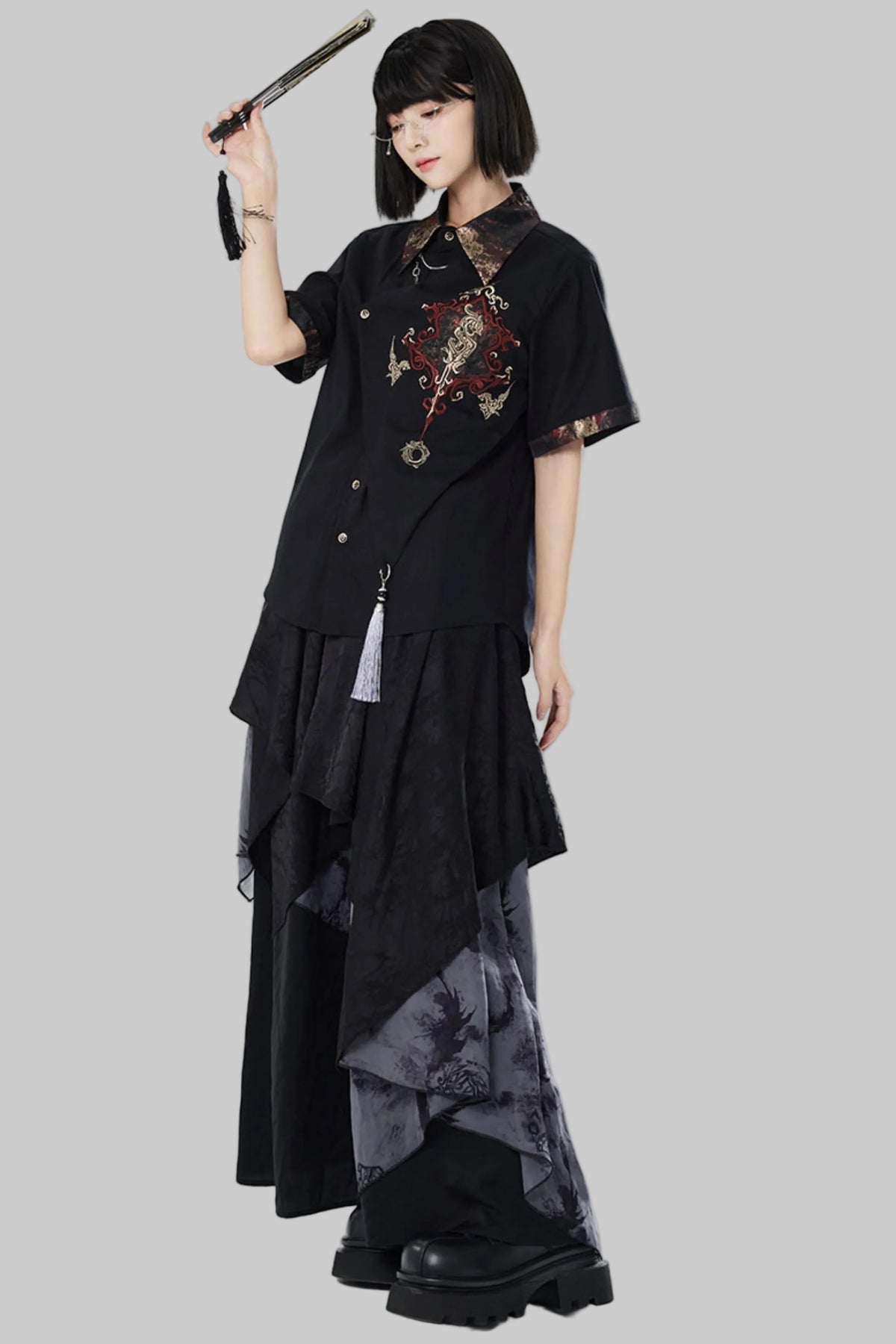 Embroidered Cotton Linen Patchwork Shirt+Pants