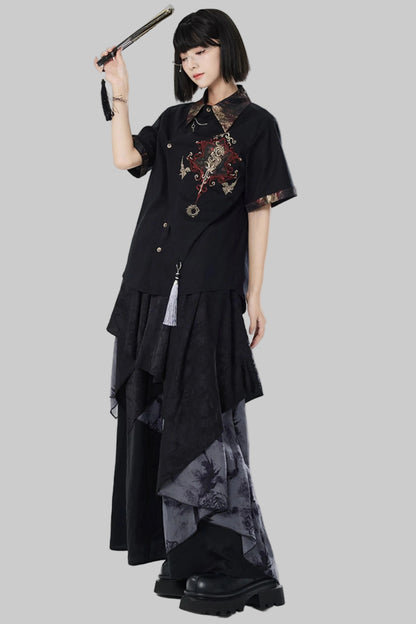 Embroidered Cotton Linen Patchwork Shirt+Pants
