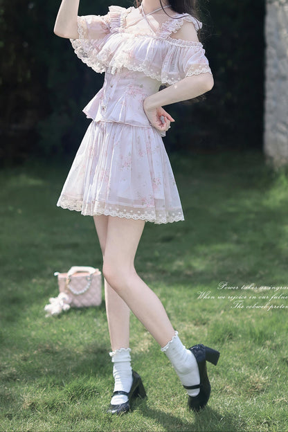 Spring Floral Chiffon Top + Skirt