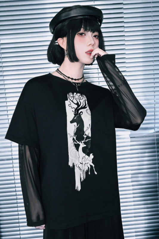 Deer Print Sheer-Sleeve Layered T-Shirt