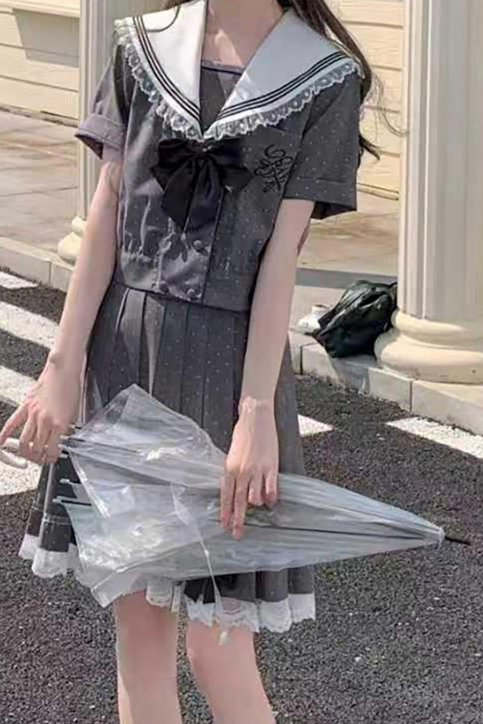 Black Chocolate Polka Dot Sailor Blouse + Skirt