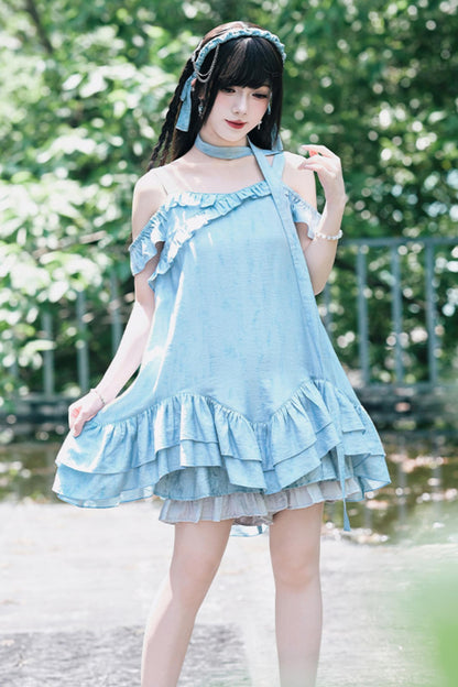 ガーリーブルーフリルオフショルワンピース