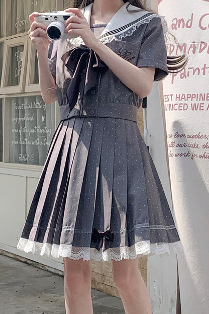 Black Chocolate Polka Dot Sailor Blouse + Skirt