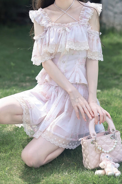 Spring Floral Chiffon Top + Skirt