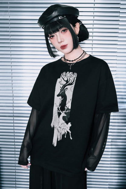 鹿プリントシアースリーブレイヤードTシャツ