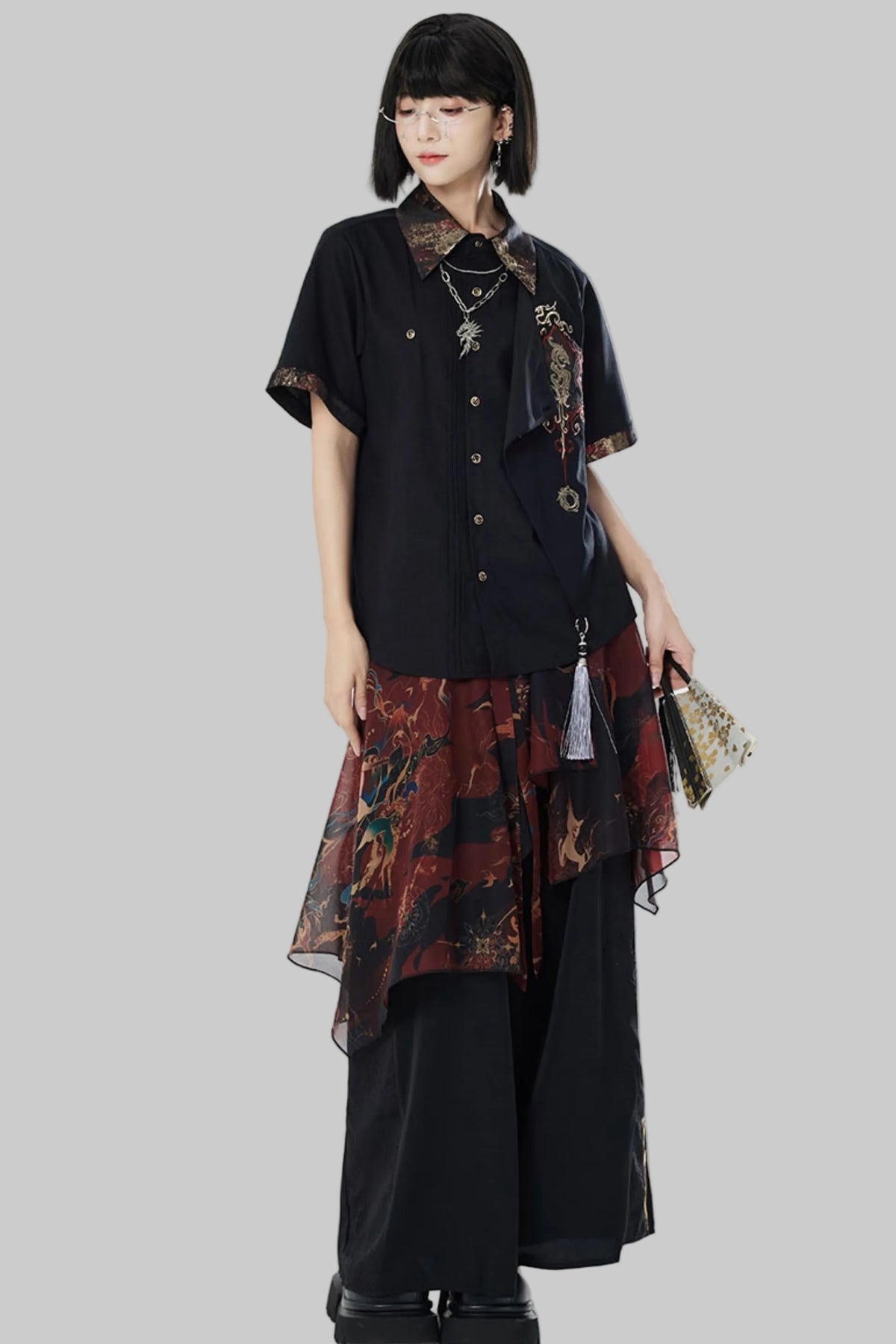 Embroidered Cotton Linen Patchwork Shirt+Pants