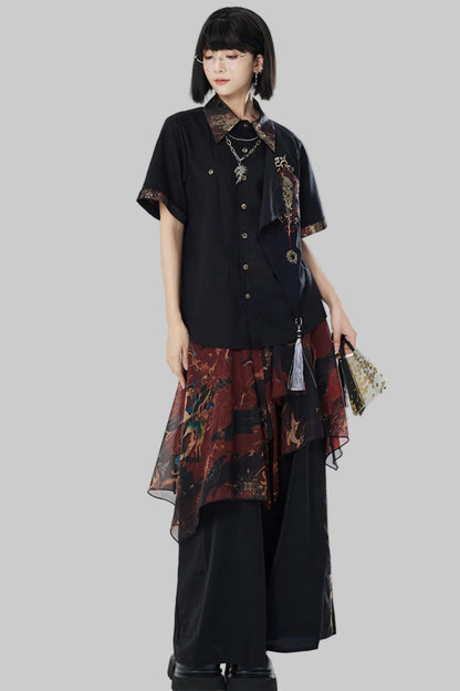 Embroidered Cotton Linen Patchwork Shirt+Pants
