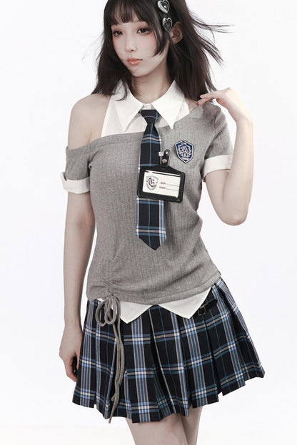 Asymmetrical School Uniform Set with Tie