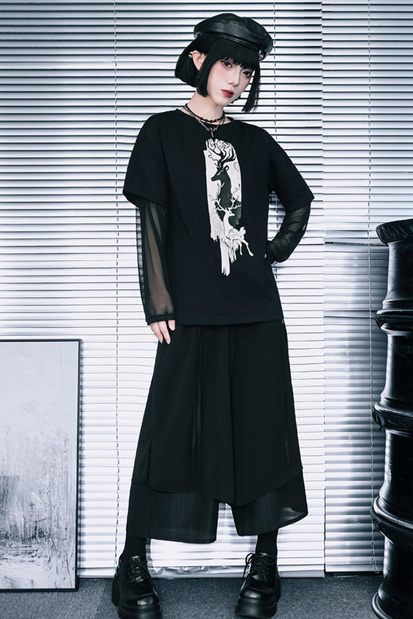鹿プリントシアースリーブレイヤードTシャツ