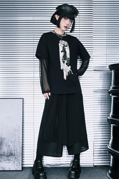 鹿プリントシアースリーブレイヤードTシャツ