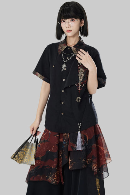 Embroidered Cotton Linen Patchwork Shirt+Pants