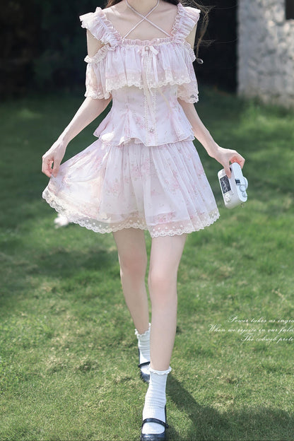 Spring Floral Chiffon Top + Skirt
