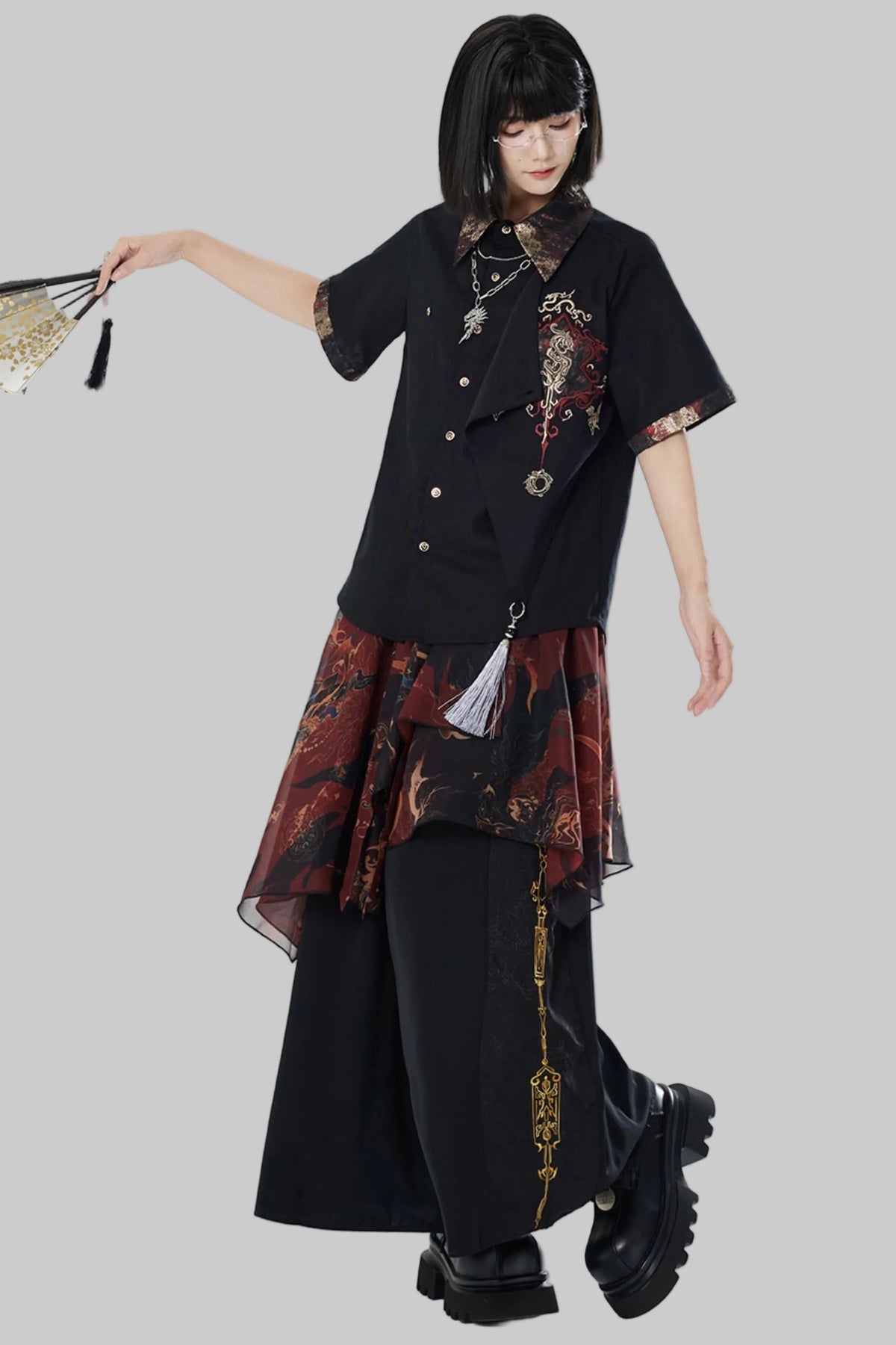 Embroidered Cotton Linen Patchwork Shirt+Pants