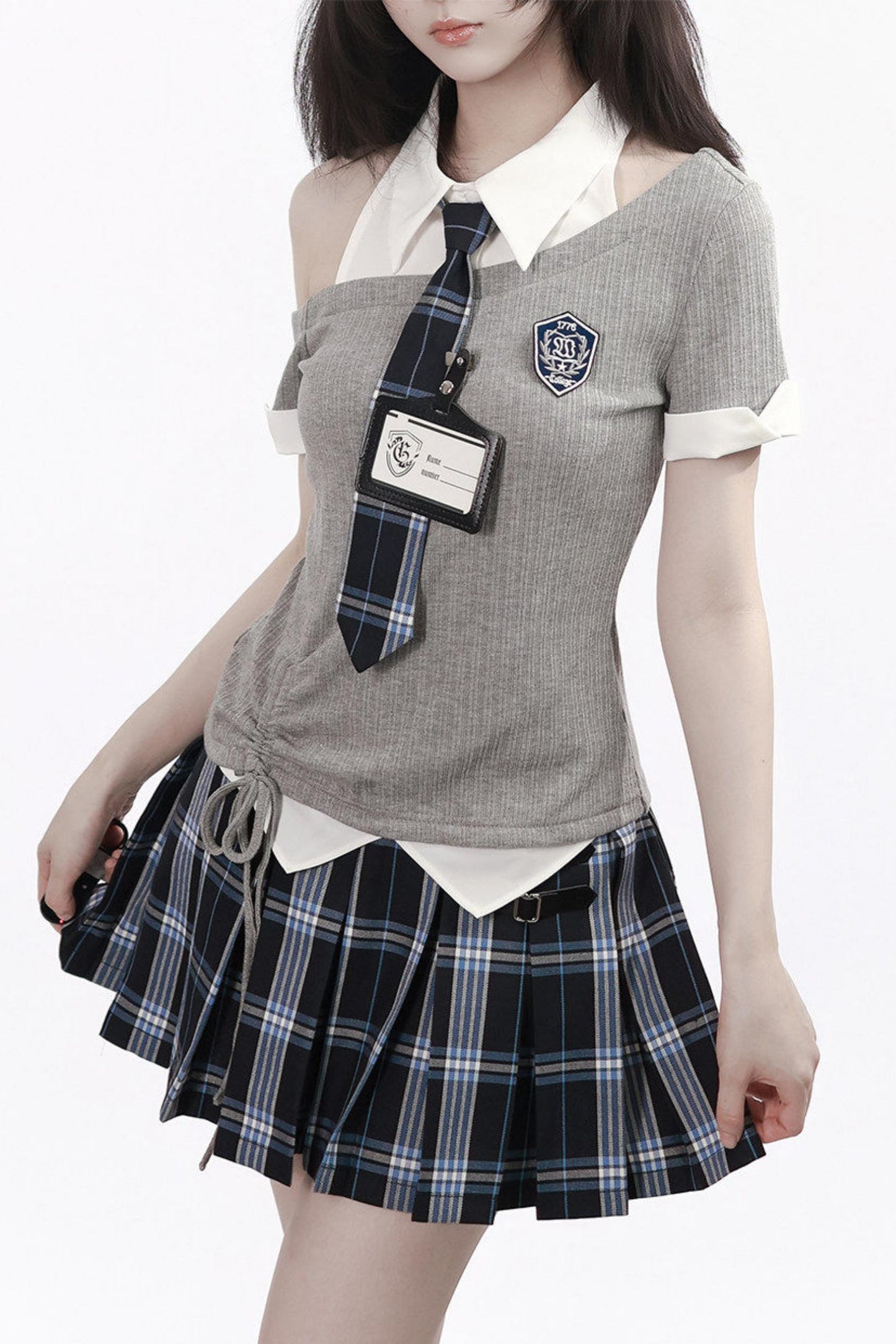 Asymmetrical School Uniform Set with Tie