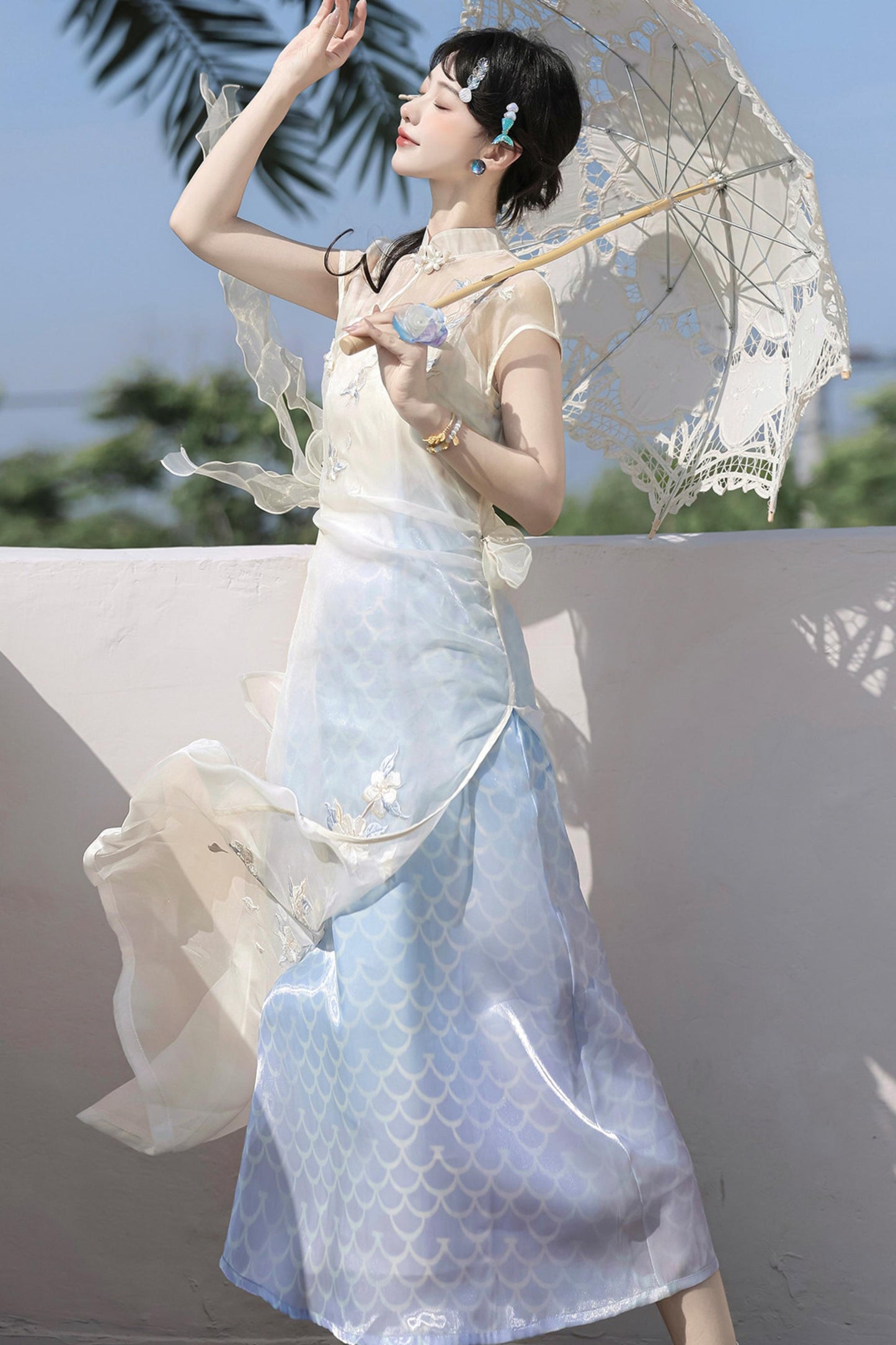 人魚姫の花刺繍レースチャイナドレス