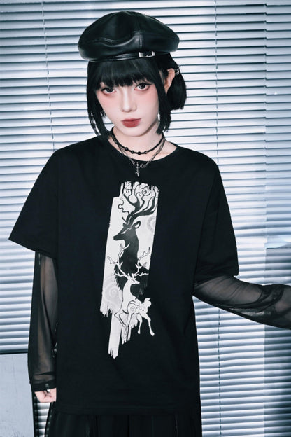 鹿プリントシアースリーブレイヤードTシャツ